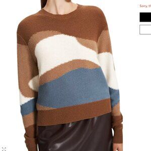 THEORY 100% Cashmere Intarsia Sweater Blue, Brown, and White Abstract Colorblock